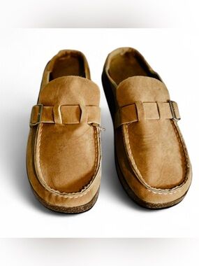 Slip On Mule Loafer Shoes Size 9.5 Cork Buckle Detail Suede Sandal Tan Unbranded